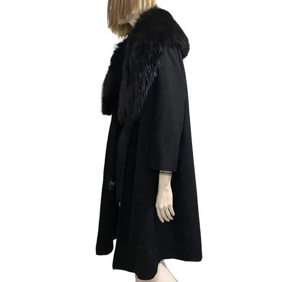 Vintage CAPELLA A Luxurious Fabric Fur Collar Black Open front Long Coat - Picture 6 of 12